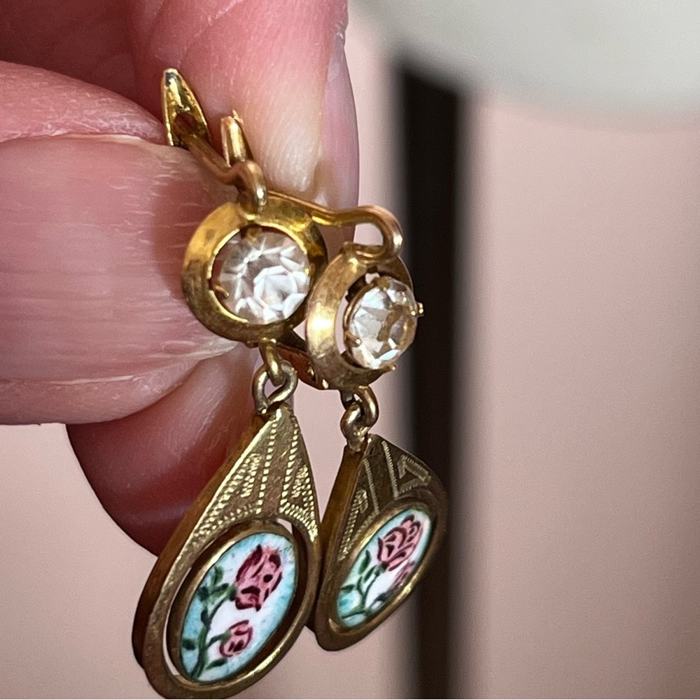 Antique Victorian gold Fill Art Nouveau Hand Painted Flowers Dangle Earring - Picture 8 of 13